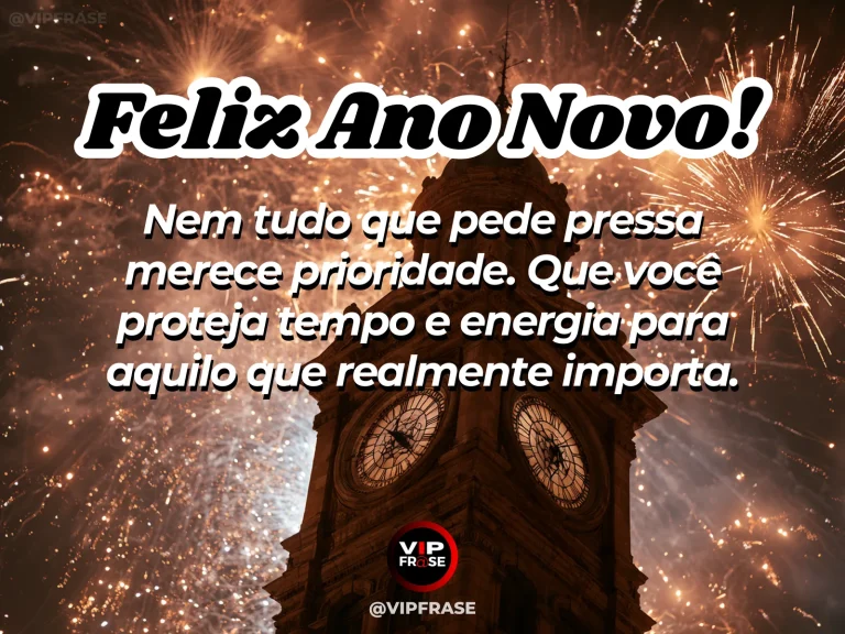 Frase de Ano Novo sobre prioridades e paz, com relógio em ambiente tranquilo.