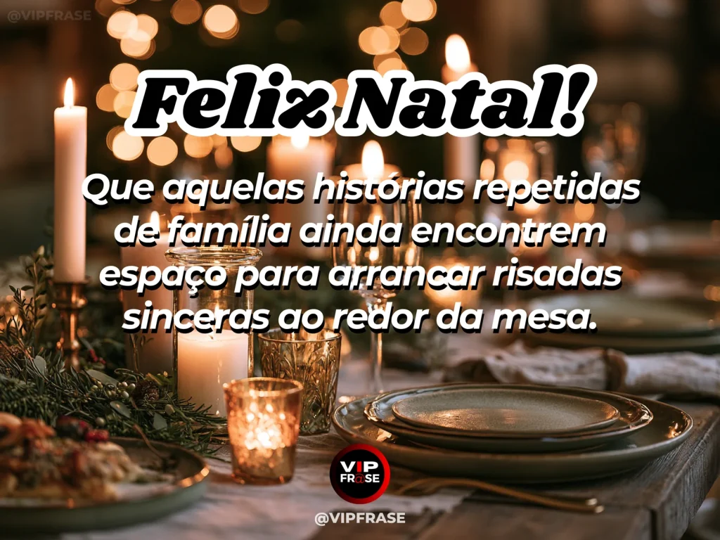 Mesa natalina alegre com cadeiras ocupadas parcialmente, gestos de conversa e risos sem rostos em destaque