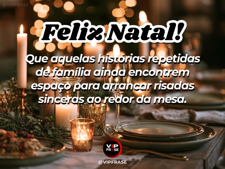 Mesa natalina alegre com cadeiras ocupadas parcialmente, gestos de conversa e risos sem rostos em destaque