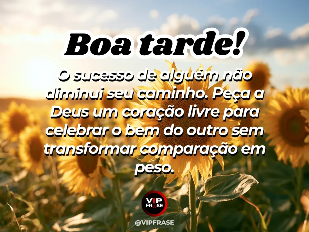 Mensagem de boa tarde com Deus sobre celebrar o sucesso do outro, com duas pessoas comemorando ao pôr do sol.