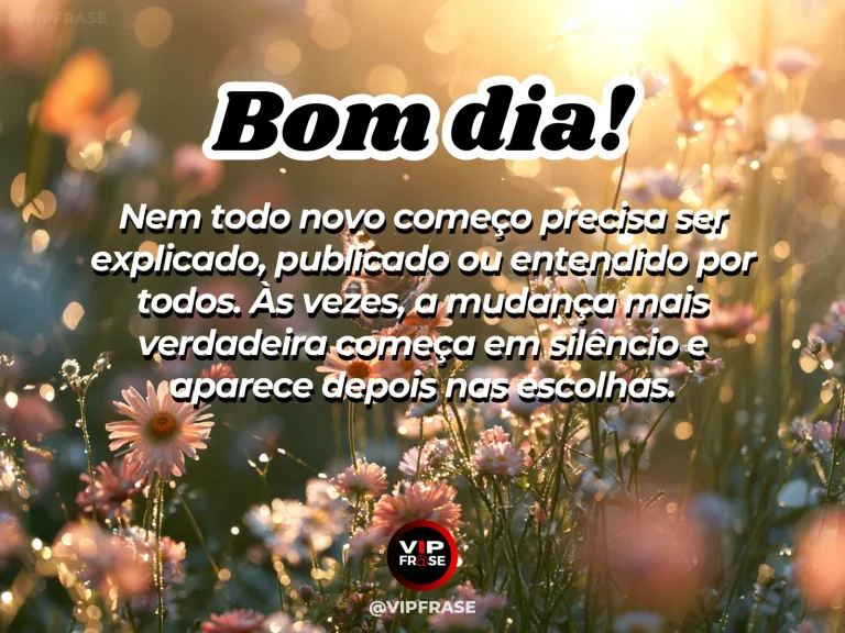 Mensagem de bom dia sobre recomeço, com broto verde surgindo na luz da manhã.
