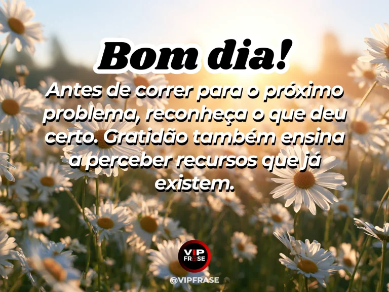 Frase de bom dia sobre gratidão, com caderno de tarefas concluídas ao sol da manhã.