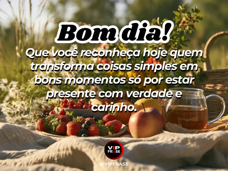 Frase de bom dia sobre gratidão e carinho, com café e flores em uma mesa simples.
