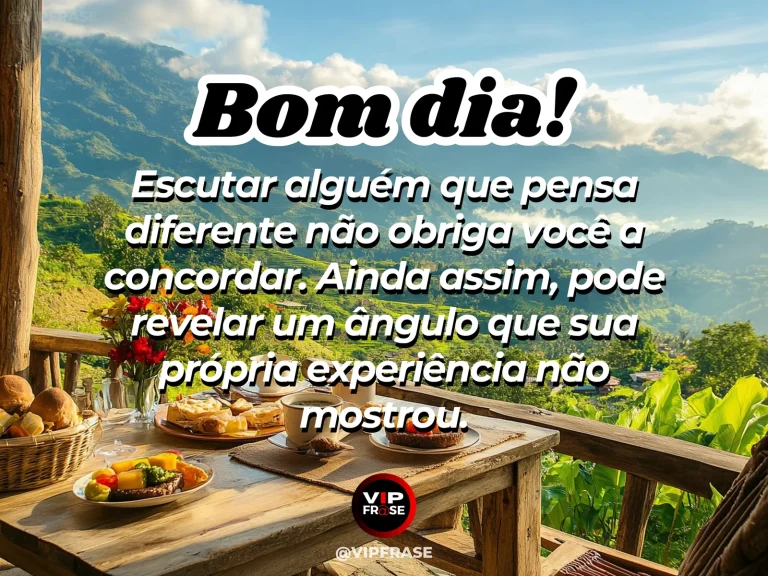 Frase de bom dia sobre sabedoria, com duas pessoas observando a mesma paisagem de ângulos diferentes.