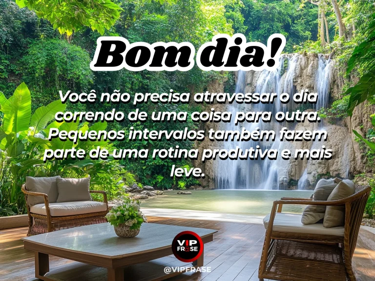 Mensagem de bom dia sobre paz, com varanda tranquila e café pela manhã.