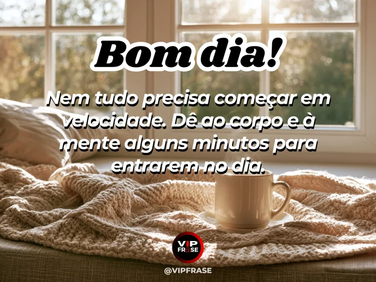 Frase de bom dia sobre paz, com um quarto sereno com luz suave da manhã.