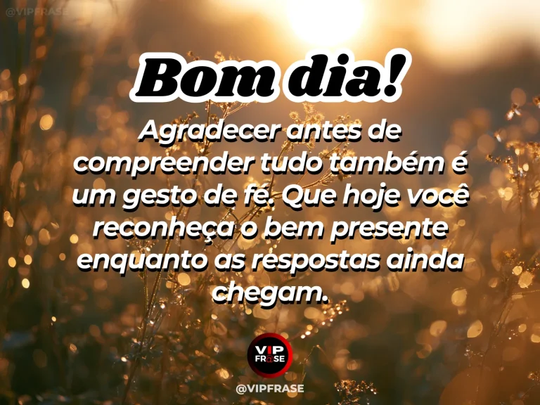 Frase de bom dia sobre gratidão e fé, com mãos serenas iluminadas pela luz do amanhecer.