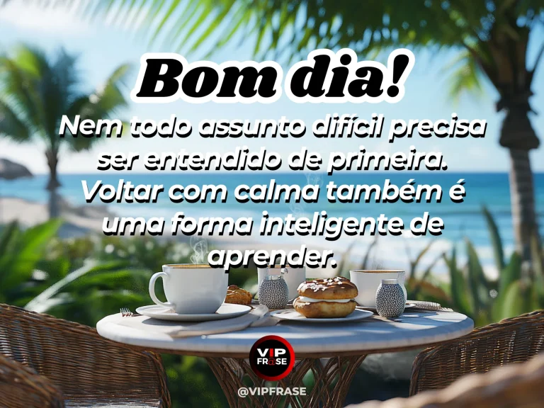 Frase de bom dia sobre estudo e sabedoria, com livros iluminados pela manhã.