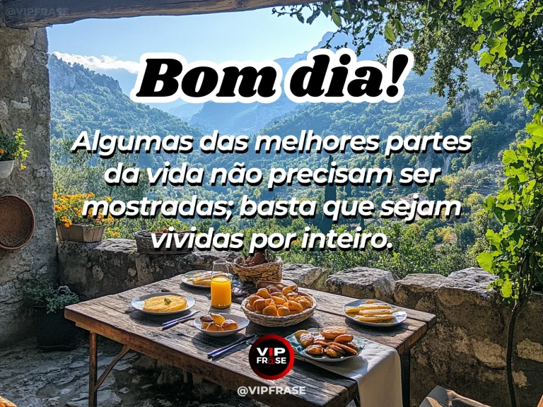 Frase de bom dia sobre viver o momento, com varanda tranquila e café ao nascer do sol.