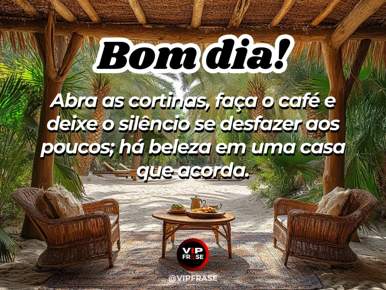 Frase de bom dia sobre aconchego, com cozinha iluminada e café recém-passado.