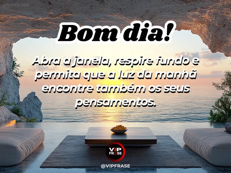 Frase de bom dia sobre paz, com uma janela aberta recebendo a luz suave do amanhecer.