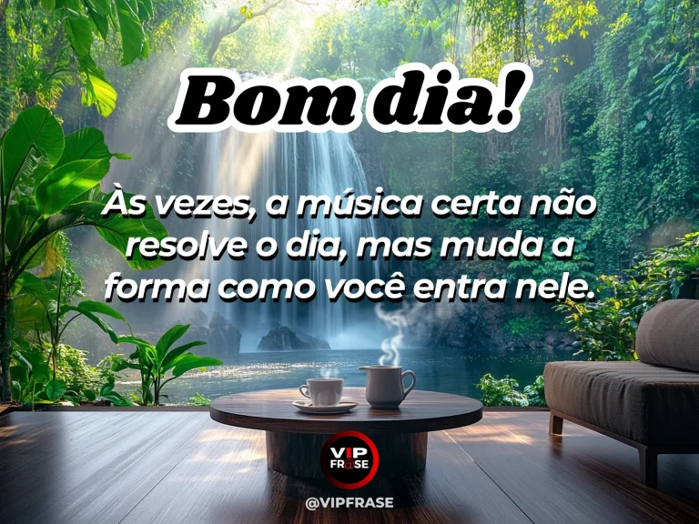 Frase de bom dia sobre felicidade, com fones de ouvido e café sob uma luz alegre da manhã.