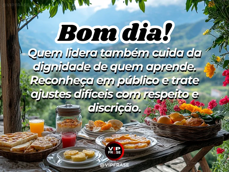 Frase de bom dia sobre liderança respeitosa, com dois colegas em conversa reservada pela manhã.