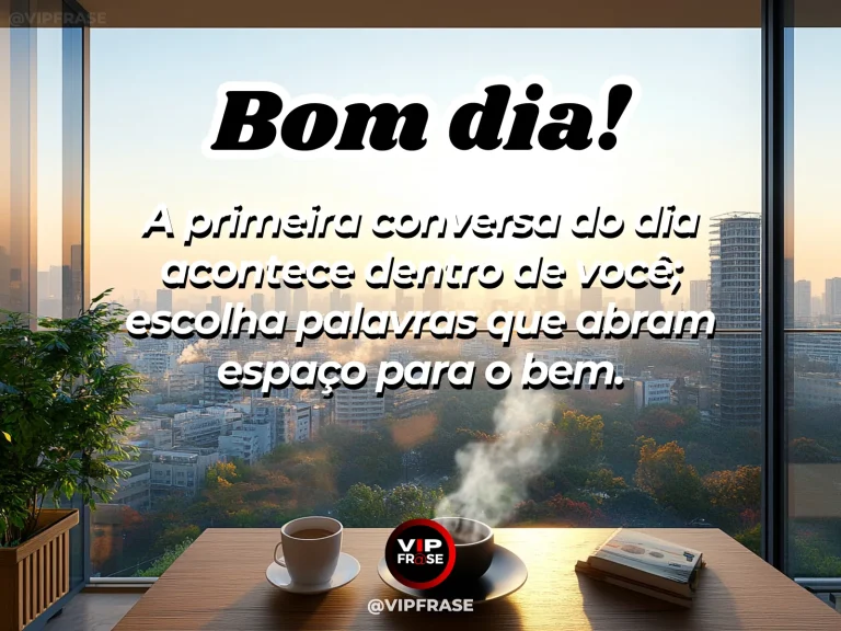 Frase de bom dia sobre diálogo interior, com diário aberto junto à janela ao amanhecer.