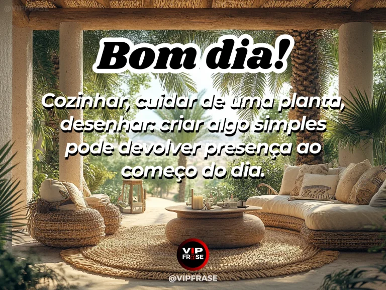 Frase de bom dia sobre criatividade, com mãos trabalhando argila em uma bancada iluminada.