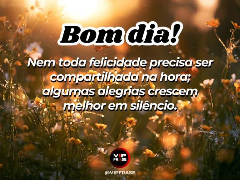 Frase de bom dia sobre felicidade íntima, com uma flor delicada iluminada pelo sol.