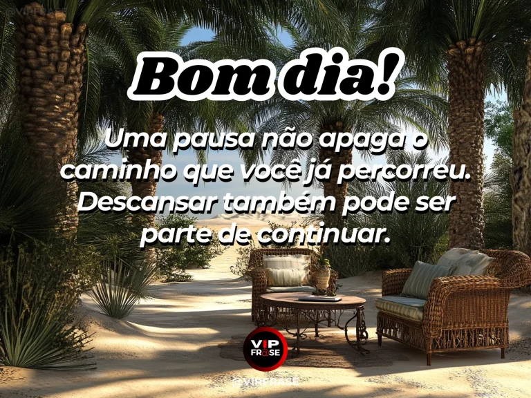 Frase de bom dia sobre força, com poltrona tranquila em varanda iluminada pela manhã.