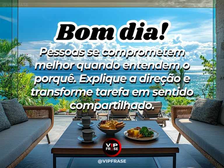 Frase de bom dia sobre liderança, com equipe reunida em torno de um plano.