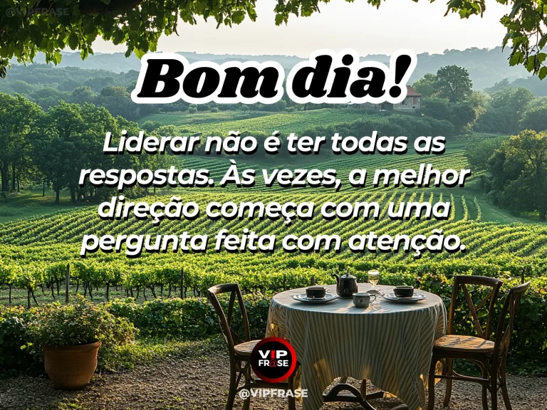 Frase de bom dia sobre liderança, com mesa de reunião iluminada pela manhã.