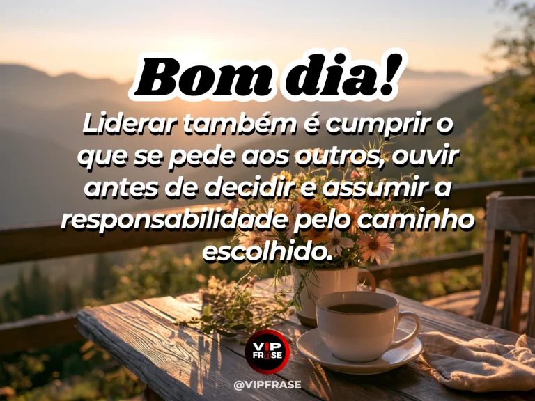 Mensagem de bom dia sobre liderança pelo exemplo, com mesa de reunião iluminada pela manhã.