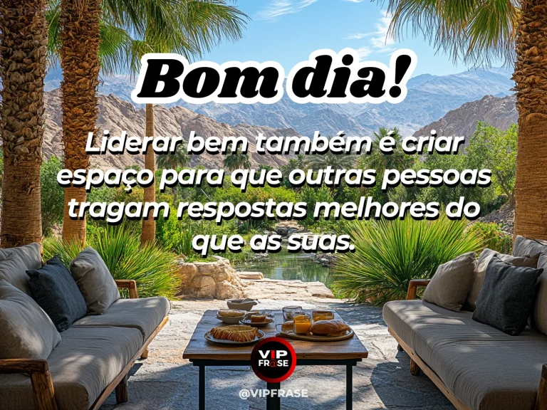Frase de bom dia sobre lideranca, com uma mesa de reunião iluminada pela manhã com cadeiras em igualdade.