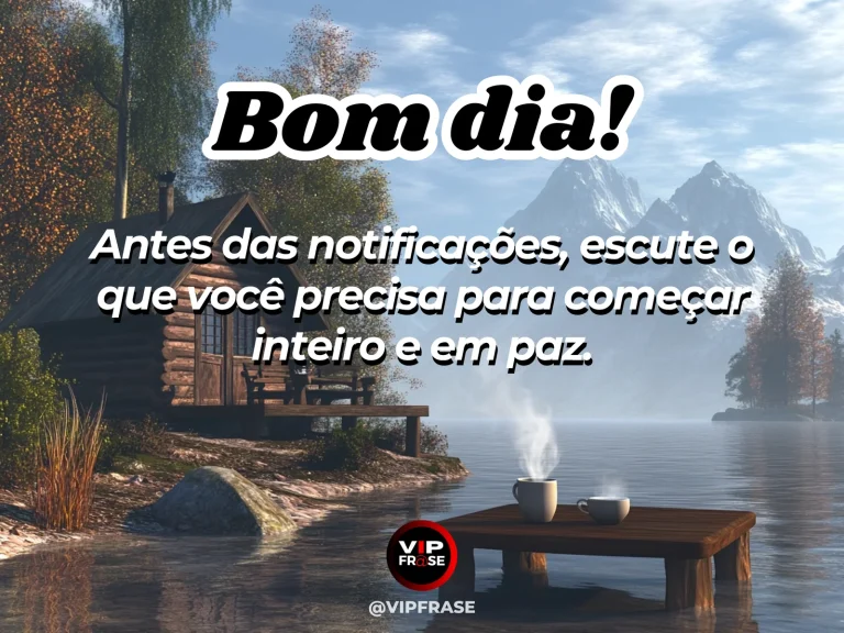 Frase de bom dia sobre preservar o humor, com celular virado para baixo ao lado do café.