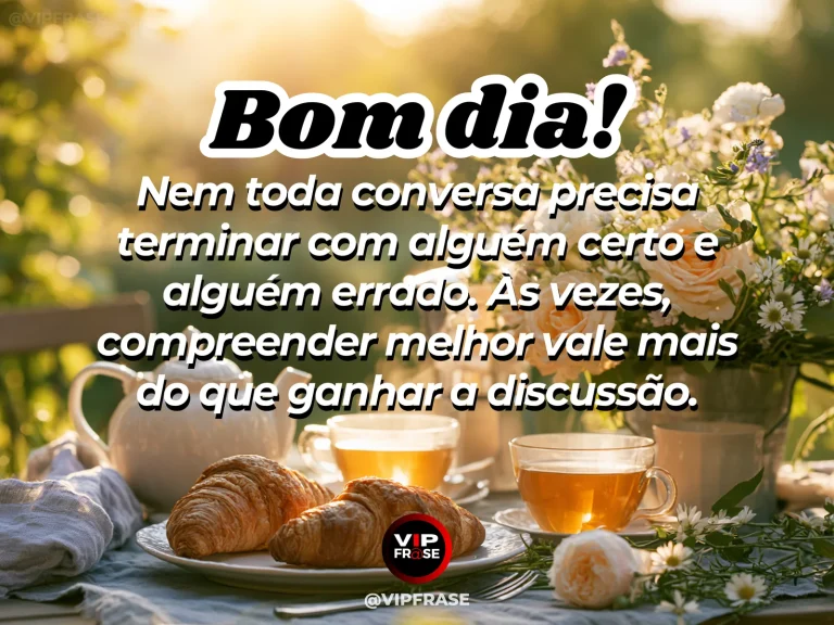 Frase de bom dia sobre diálogo, com duas pessoas em conversa tranquila e equilibrada.