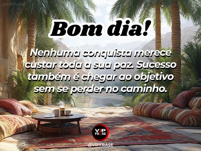 Frase de bom dia sobre paz e sucesso, com uma trilha serena subindo em direção a um horizonte dourado.