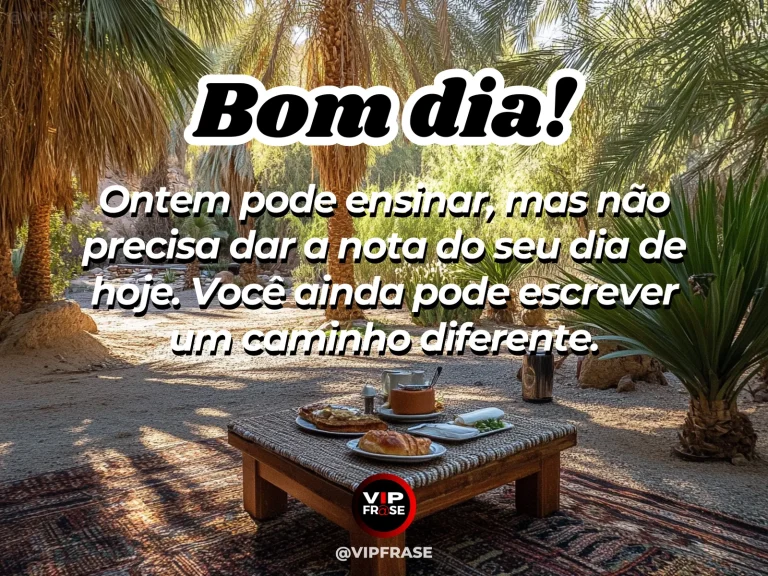 Frase de bom dia sobre recomeço, com caminho úmido iluminado pelo sol da manhã.