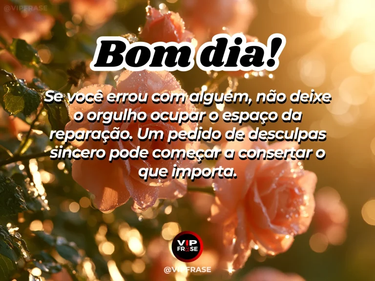 Mensagem de bom dia sobre pedir desculpas, com cerâmica reparada sob luz suave da manhã.