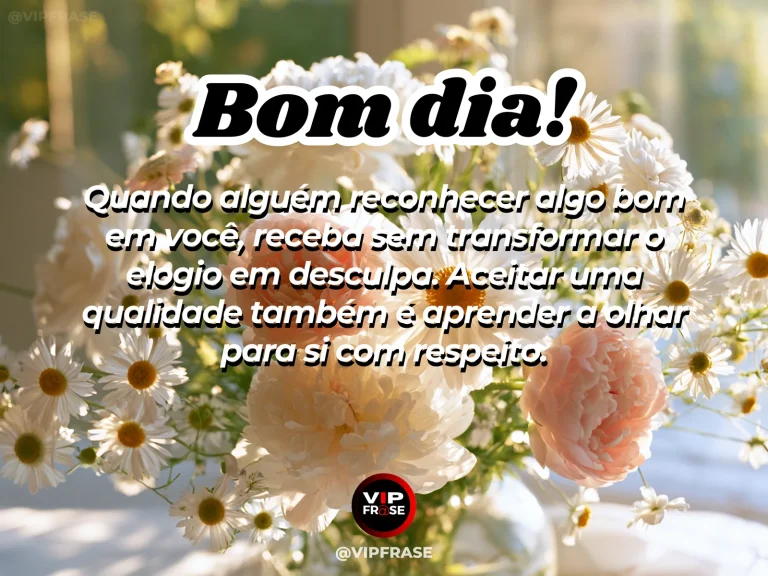 Mensagem de bom dia sobre autoestima, com espelho iluminado pela manhã refletindo uma planta saudável.