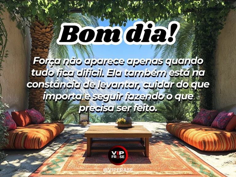 Mensagem de bom dia sobre força, com árvore robusta iluminada pelo sol da manhã.