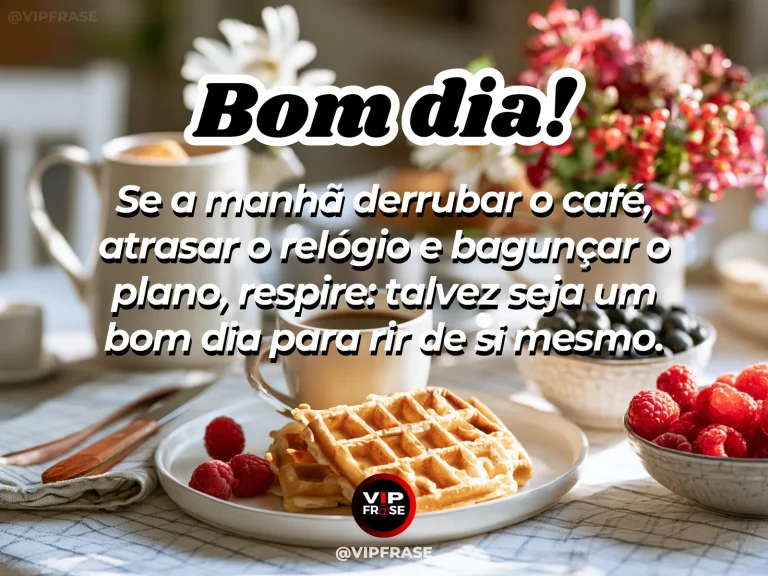 Frase divertida de bom dia, com café da manhã levemente bagunçado e luz alegre.