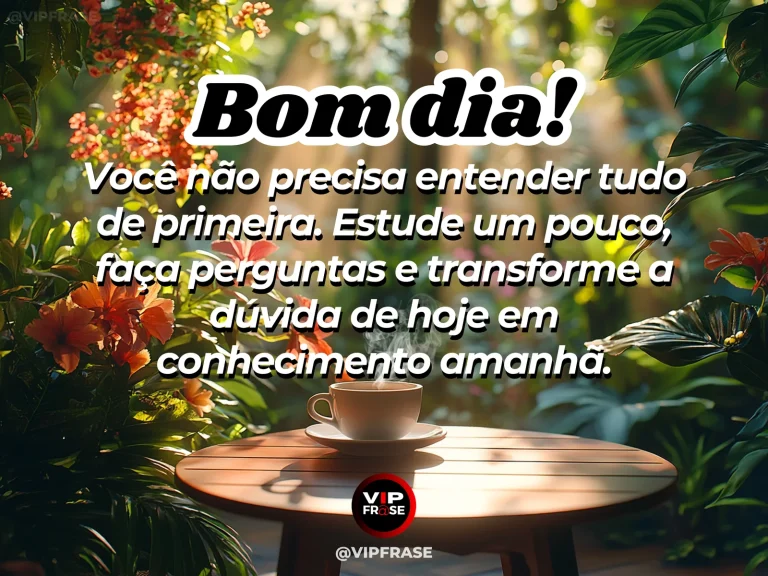 Mensagem de bom dia sobre transformar dúvidas em aprendizado, com livros sob luz da manhã.