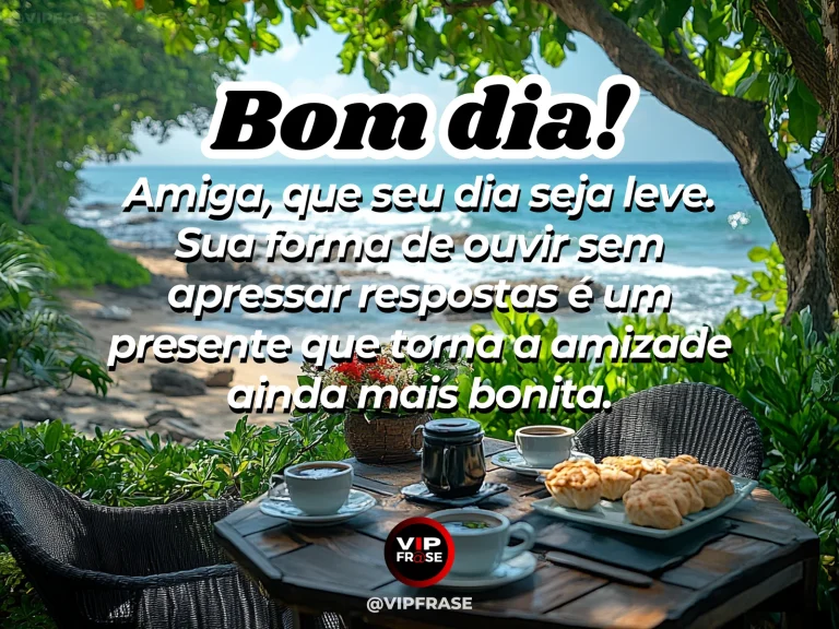 Frase de bom dia para amiga sobre amizade, com duas xícaras iluminadas pela manhã.