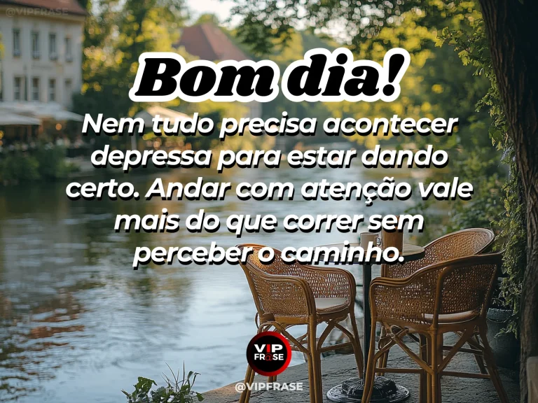 Mensagem de bom dia sobre caminhar sem pressa, com estrada tranquila ao amanhecer