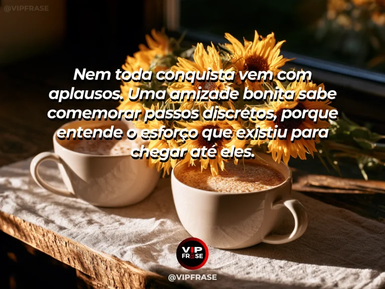 Mensagem sobre amizade, com cena de dois amigos brindando com café por uma pequena conquista cotidiana, alegria discreta e genuína.