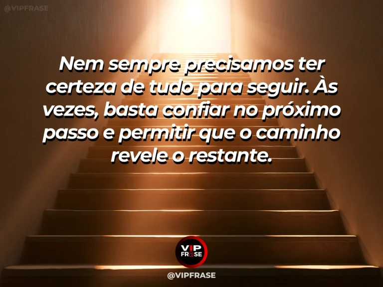 Mensagem reflexiva sobre confiança, com degraus de pedra conduzindo por um jardim verde até uma área iluminada pelo sol.