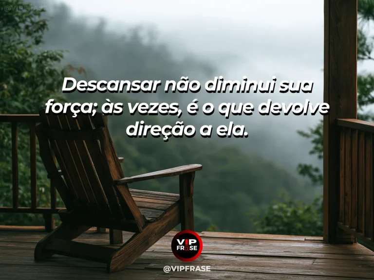 Frase reflexiva sobre descanso e força, com lago sereno ao amanhecer.