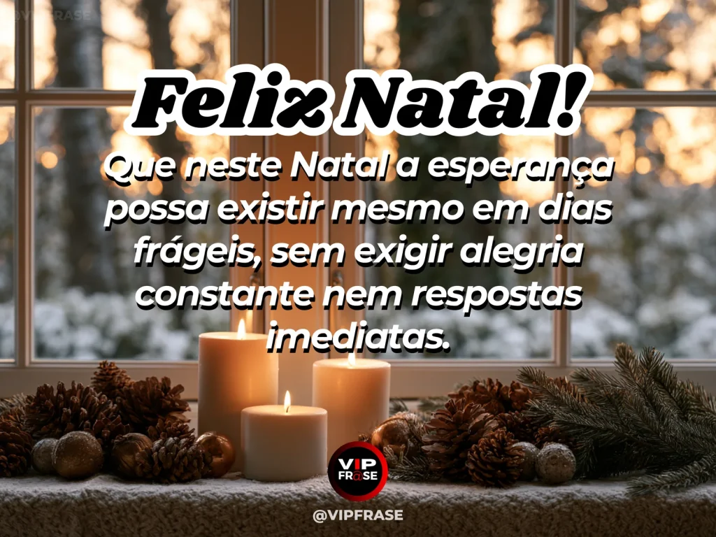 Frase de Natal sobre esperança em dias frágeis, com vela acesa junto a uma janela chuvosa.