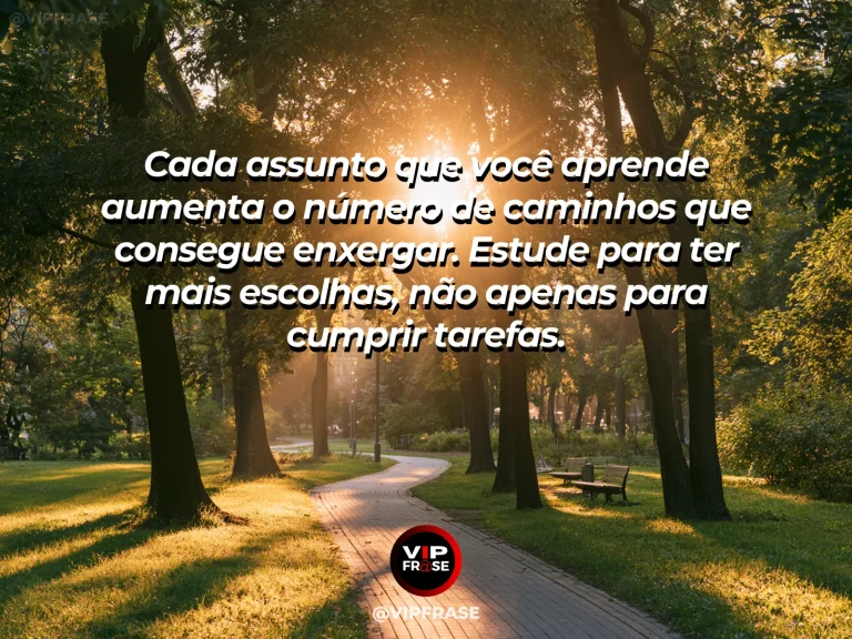 Mensagem motivacional sobre estudo e sabedoria, com livros abertos diante de uma janela com vários caminhos ao longe.