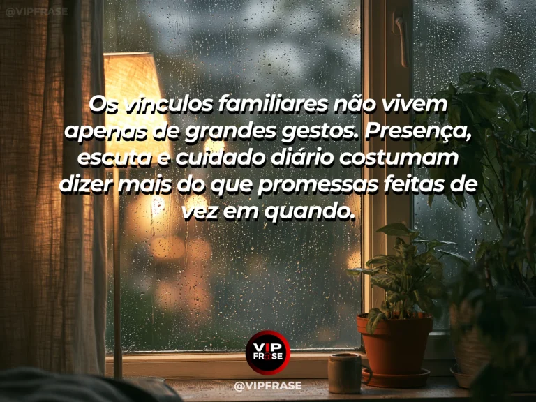 Mensagem reflexiva sobre família, com mesa de almoço familiar em jardim ensolarado, com flores, frutas e atmosfera acolhedora.