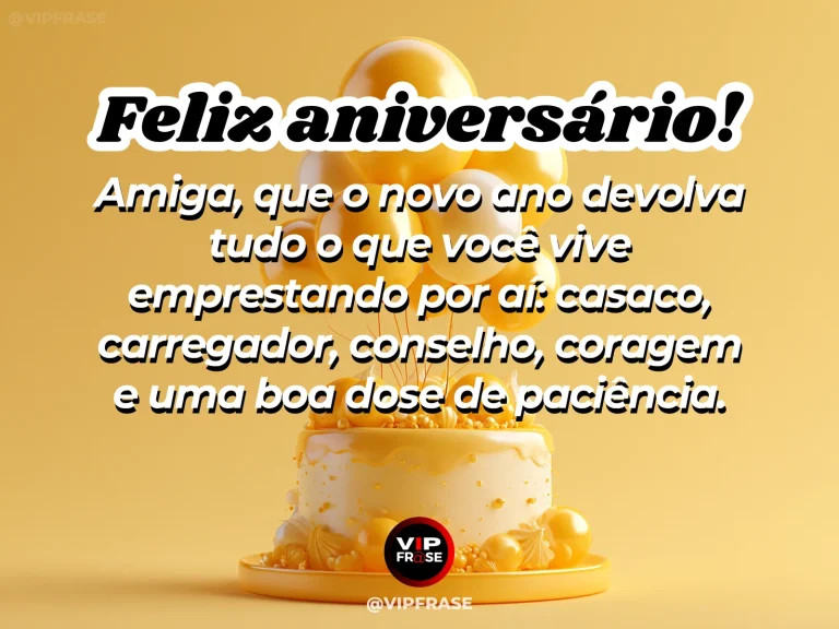 Feliz aniversário para amiga com objetos de amizade, flores e bolo em uma composição divertida e afetiva.