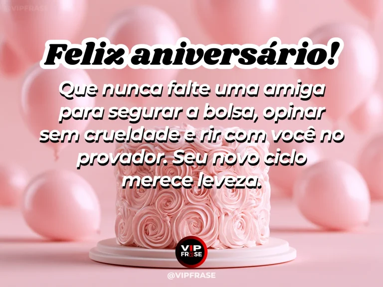 Mensagem de aniversário para amiga sobre parceria, com amigas em momento leve de compras e risadas.