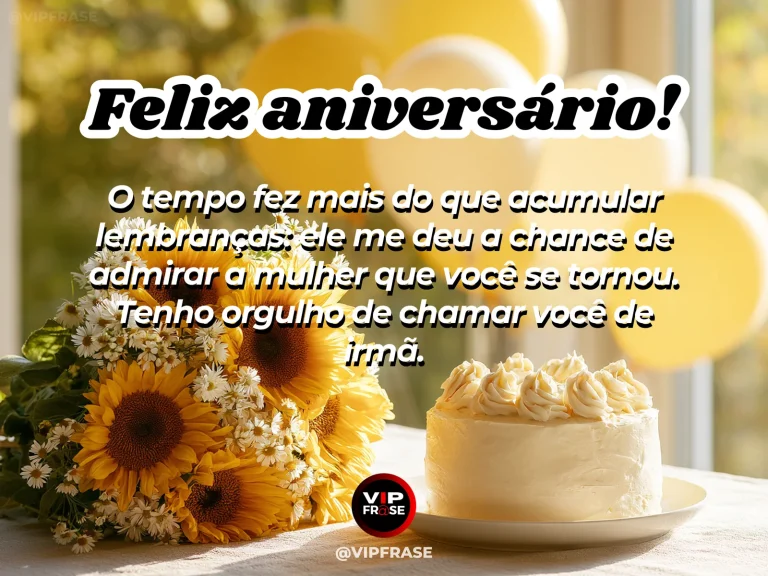 Mensagem de aniversário para irmã sobre admiração, com duas irmãs adultas caminhando juntas ao pôr do sol.