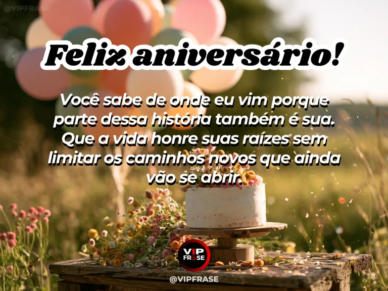 Mensagem de aniversário para irmã sobre raízes e futuro, com árvore florida e horizonte iluminado
