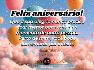 Mensagem de aniversário para irmã sobre felicidade, com flores coloridas, confetes e bolo em uma celebração luminosa.