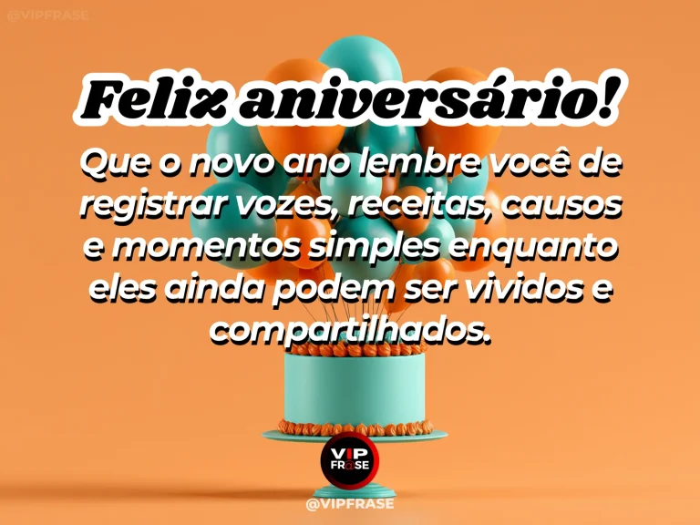 Mensagem de aniversário sobre memórias e histórias, com caderno e lembranças em clima afetivo.