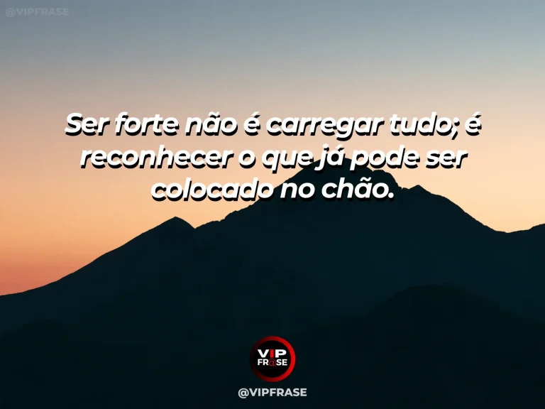 Frase reflexiva sobre força e desapego, com mochila deixada ao lado de uma trilha.