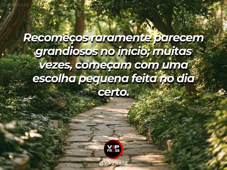 Frase reflexiva sobre recomeço com degraus de pedra rumo a jardim florido.